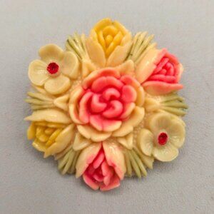 Vintage Celluloid Brooch Floral Domed Brooch Pin Cream Pink Green Occupied Japan